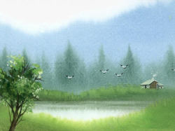 清幽脱俗水乡风景手绘水彩画高清图片