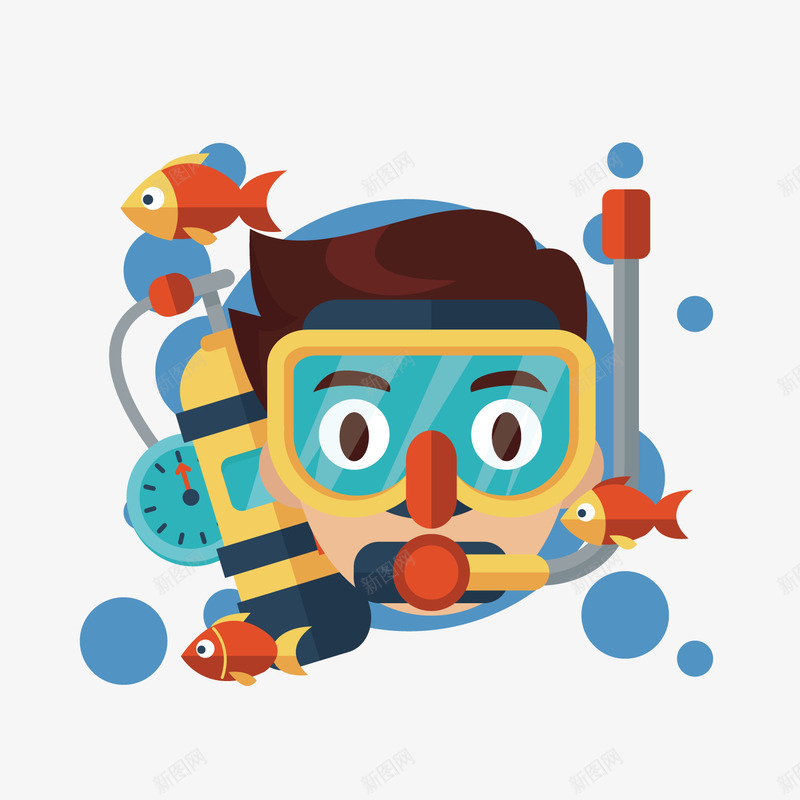 卡通潜水员png免抠素材_新图网 https://ixintu.com 小鱼 彩色 海底动物 潜水员 背景装饰