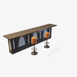 原木靠墙吧台桌黄色椅子棕色欧式酒柜吧台桌高清图片