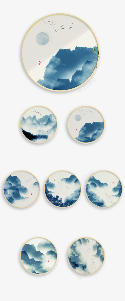 中国风山水中国风圆形山水挂画装饰画高清图片