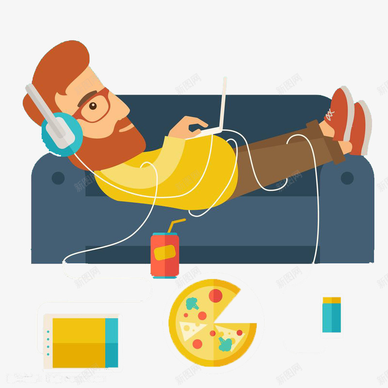 可爱躺在沙发上玩电脑的男士png免抠素材_新图网 https://ixintu.com 卡通 可爱 手绘 沙发 电脑 男士 耳机 舒适 躺在沙发上