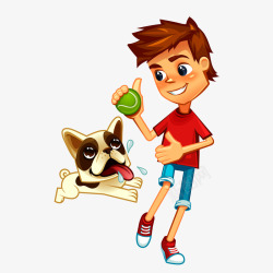 奔跑的小朋友手绘小狗玩球高清图片