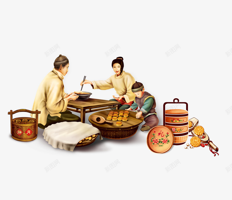 中秋节在做月饼的一家人psd免抠素材_新图网 https://ixintu.com 一家人 中秋 做月饼 月饼