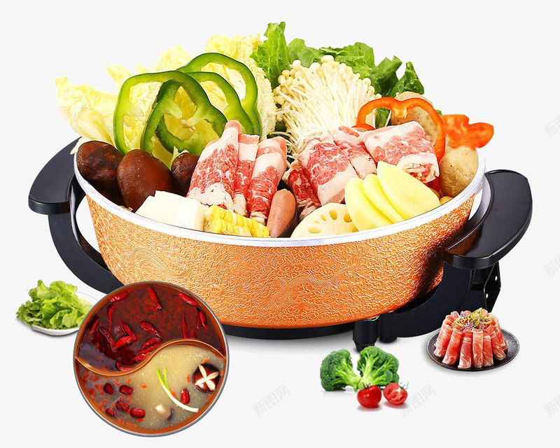 火锅食物png免抠素材_新图网 https://ixintu.com 佳肴 火锅 绿色食品 美味佳肴 美食 菜肴 食物 餐饮 鸳鸯锅