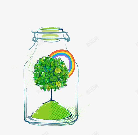 瓶子里的树png免抠素材_新图网 https://ixintu.com 卡通 彩虹 彩虹桥 手绘 树木 玻璃瓶 绿植 许愿瓶