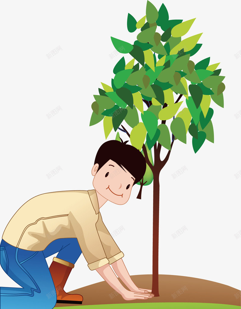 树和男孩矢量图ai免抠素材_新图网 https://ixintu.com 卡通 植物 男孩 蹲下 矢量图