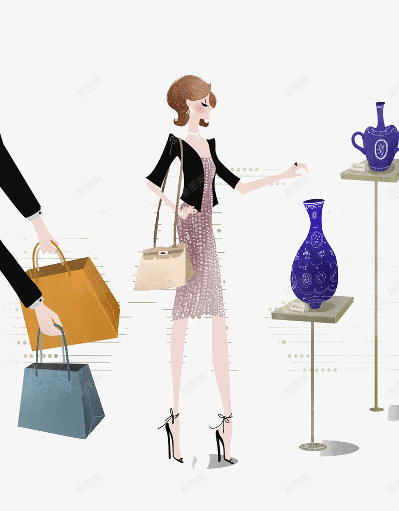 女性购物png免抠素材_新图网 https://ixintu.com 商场购物 手绘人物 水彩 美丽女性 花瓶瓷器 购物袋 逛街 都市女性