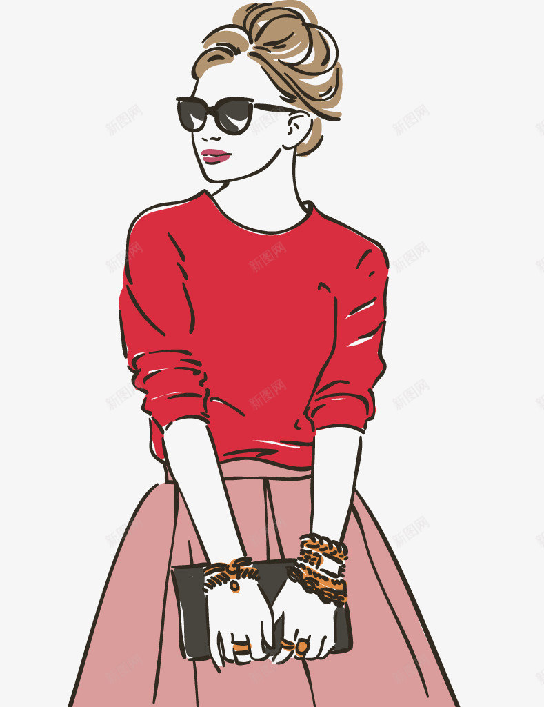 红色上衣粉紫色短裙美女png免抠素材_新图网 https://ixintu.com 宣传 时尚 服装店 海报设计 海报设计元素 装饰