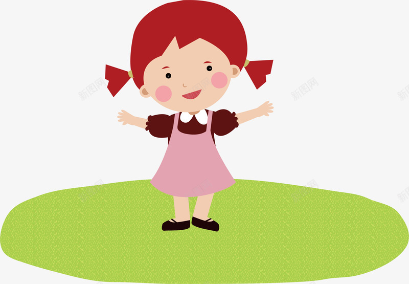 com 人物 动作 卡通 可爱儿童 小女孩 小男孩 手绘 红色裙子女孩 草坪