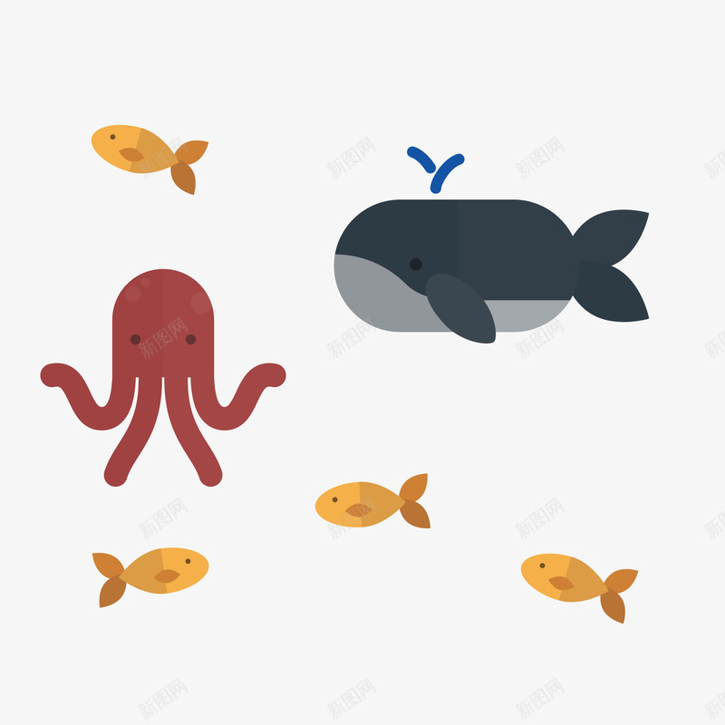 手绘海底动物png免抠素材_新图网 https://ixintu.com 卡通动物 小鱼 手绘 海底动物 章鱼 鲸鱼