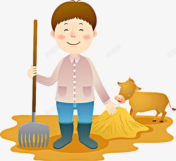 打扫卫生png免抠素材_新图网 https://ixintu.com 一头 卡通 手绘 扫把 棕色 牛 牧场 男孩 蓝色