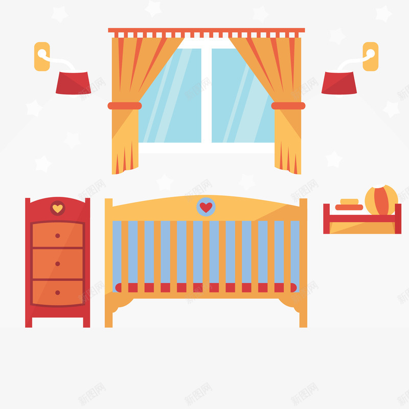 婴儿房间png免抠素材_新图网 https://ixintu.com 台灯 婴儿房间 平面设计 床 柜子 窗帘 窗户