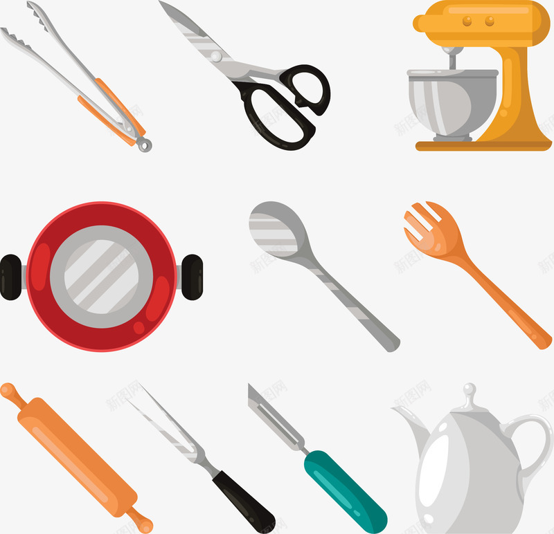 手绘厨房用具png免抠素材_新图网 https://ixintu.com 剪刀 厨房用具 手绘 打蛋器 擀面杖 烘焙