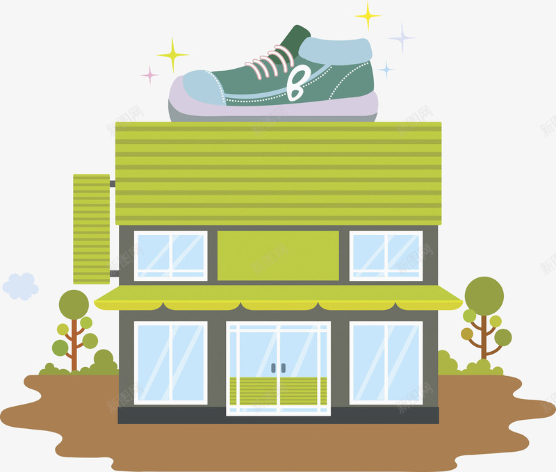卡通鞋子超市图png免抠素材_新图网 https://ixintu.com 卡通 商店 大树 平面图 绿色的 闪亮的 鞋子