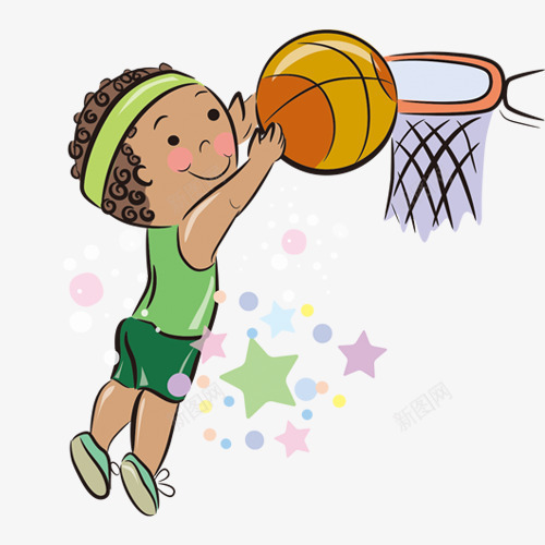 打篮球的男孩png免抠素材_新图网 https://ixintu.com 卡通 头巾 手绘 投篮 棕色 篮球 篮球框 跳跃