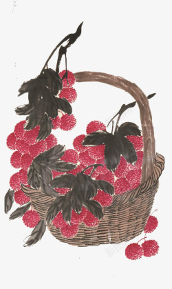 荔枝花满满的荔枝果篮国画高清图片