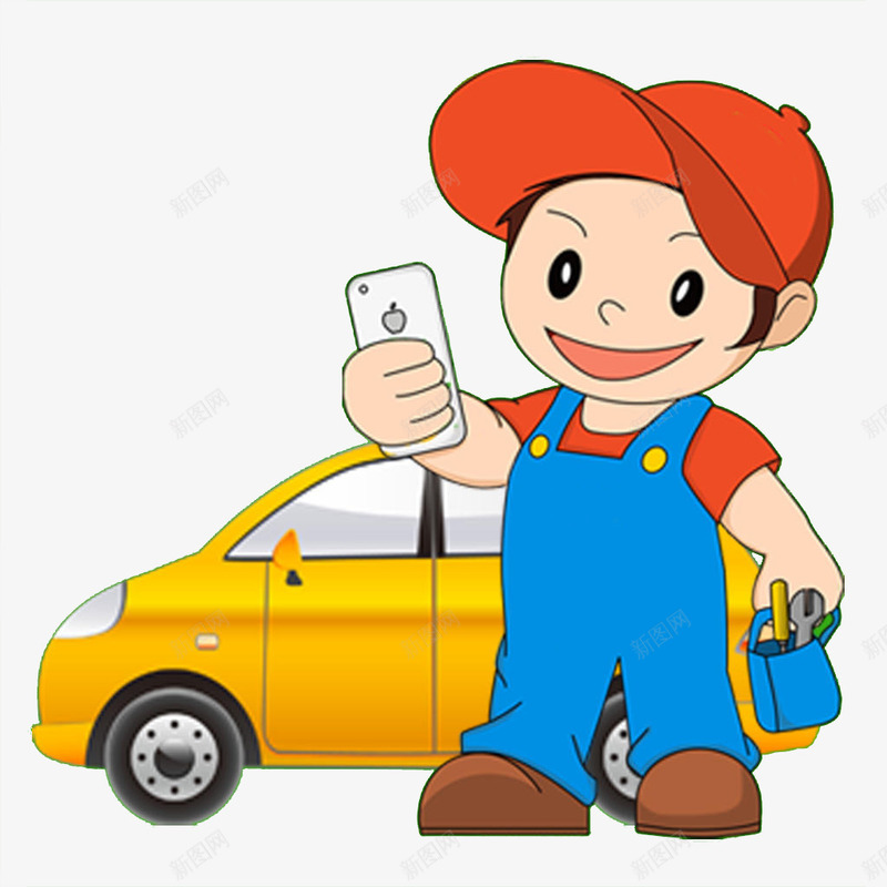 拿手机的男孩png免抠素材_新图网 https://ixintu.com 修车工人 卡通 帅气的 汽车 男孩 红色 蓝色的 黄色的