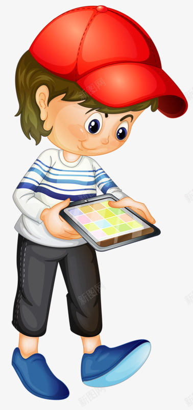 低头玩平板的男孩png免抠素材_新图网 https://ixintu.com 卡通 帽子 电子产品 红色