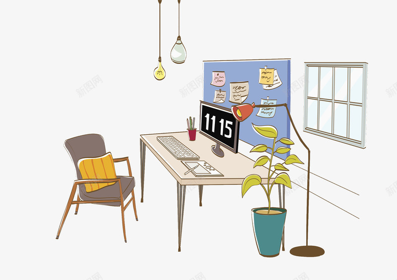 卡通创意办公桌图png免抠素材_新图网 https://ixintu.com 办公桌 卡通 吊灯 场景 椅子 电脑 盆景