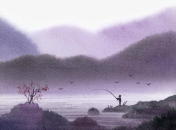 清幽脱俗水乡风景手绘水彩画高清图片