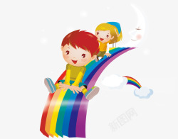 紫色卡通人物坐着彩虹伞的小孩高清图片