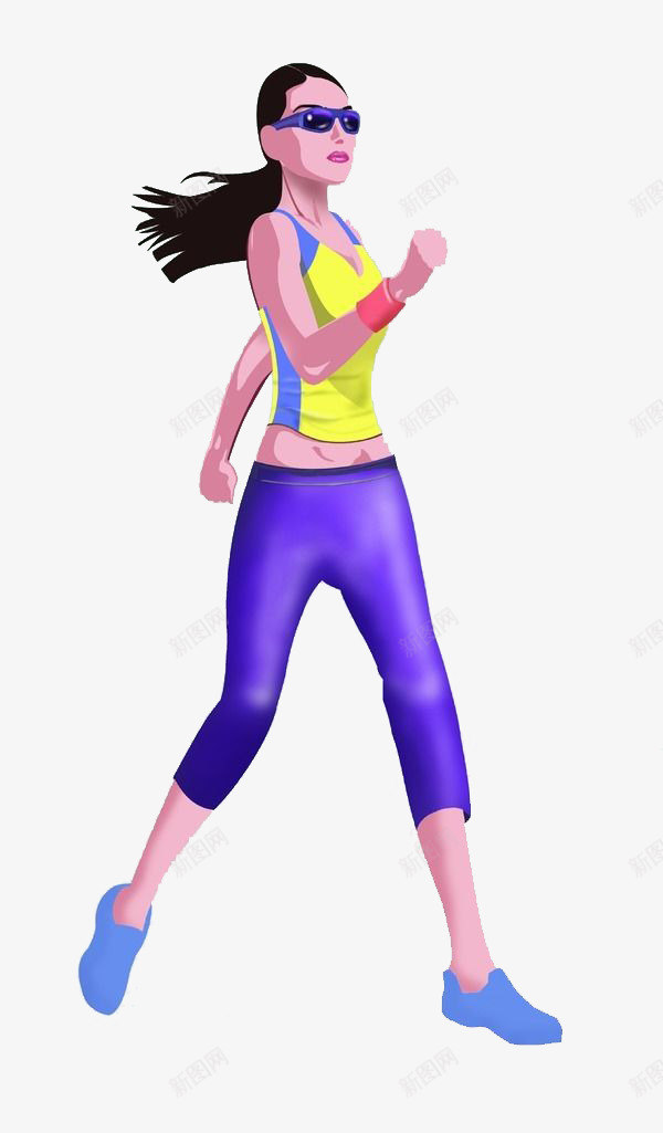 运动中的女强人png免抠素材_新图网 https://ixintu.com 卡通手绘 墨镜 奔跑的卡通人 护腕 跑步 运动 锻炼身体