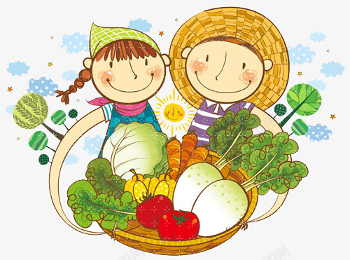 手抱蔬果篮png免抠素材_新图网 https://ixintu.com 卡通 小男孩 水果 绘画 蔬菜 西红柿