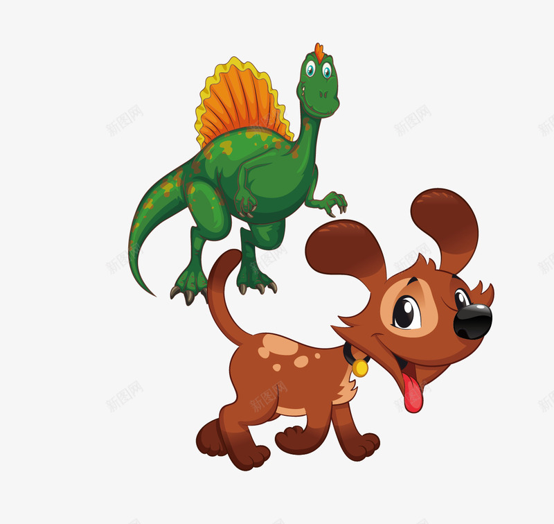绿色的棘龙和棕色的小狗png免抠素材_新图网 https://ixintu.com 卡通 恐龙 棕色的小狗