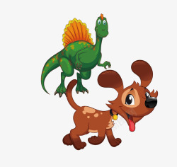 棕色恐龙绿色的棘龙和棕色的小狗高清图片