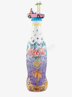 汽车椰子树紫色创意卡通汽车小人可口可乐瓶高清图片