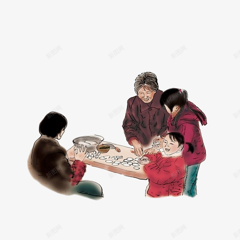 开心包饺子的一家人png免抠素材_新图网 https://ixintu.com 包饺子插画 学习包饺子的姐姐 开心包饺子的一家人 擀面的奶奶