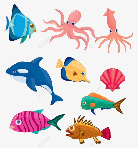 卡通海底生物png免抠素材_新图网 https://ixintu.com 卡通 海底生物素材 海豚 章鱼 鲨鱼