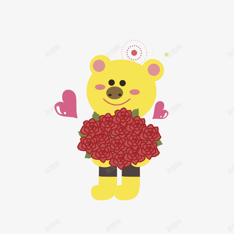 卡通抱着鲜花的小熊图png免抠素材_新图网 https://ixintu.com 动物 卡通 可爱的 小熊 情人节 插图 爱心 爱情 玫瑰花