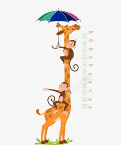 身高尺子猴子在长颈鹿的身上打伞高清图片