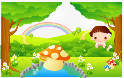 卡通彩虹蘑菇林卡通男孩矢量图高清图片