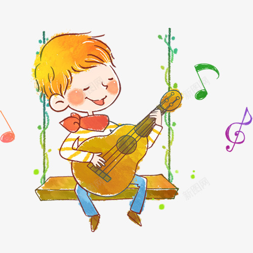 弹吉他的男孩png免抠素材_新图网 https://ixintu.com 可爱小孩 吉他 吉他社海报 弹吉他的男孩 彩绘音符 戴蝴蝶结的男孩 摇椅 矢量素材 音乐 音符 黄色头发的男孩 黄蝶