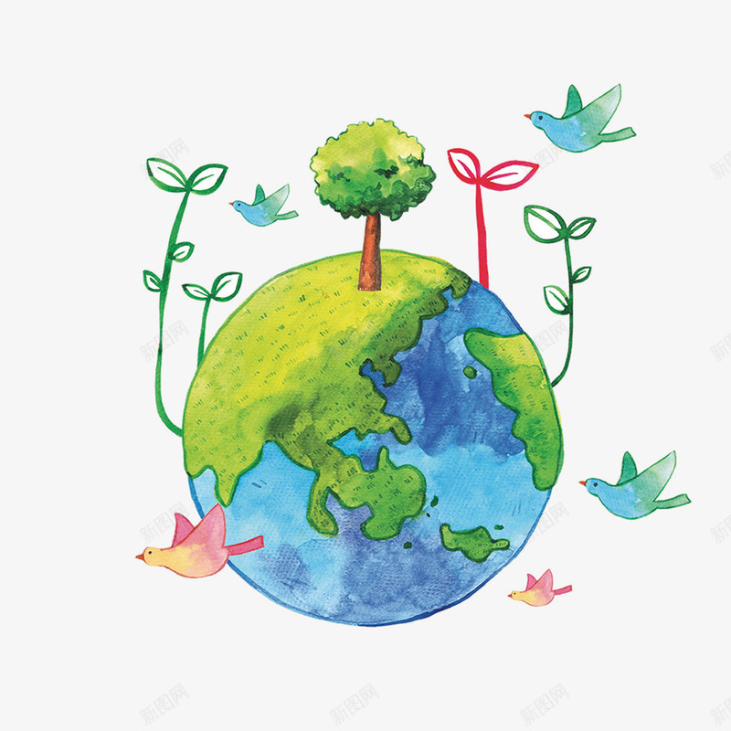 手绘地球元素png免抠素材_新图网 https://ixintu.com 五彩地球 卡通元素 地球 小鸟 手绘 树木 植物