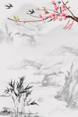 燕子与桃花素材清新淡雅古风山水画桃花燕子飞背景5高清图片