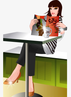 咖啡茶时尚美女休闲看杂志喝下午茶矢量图高清图片
