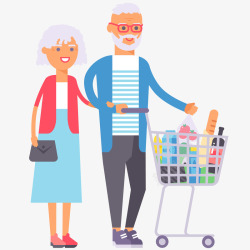 母子超市购物矢量插画老年夫妇推着购物篮插画矢量图高清图片