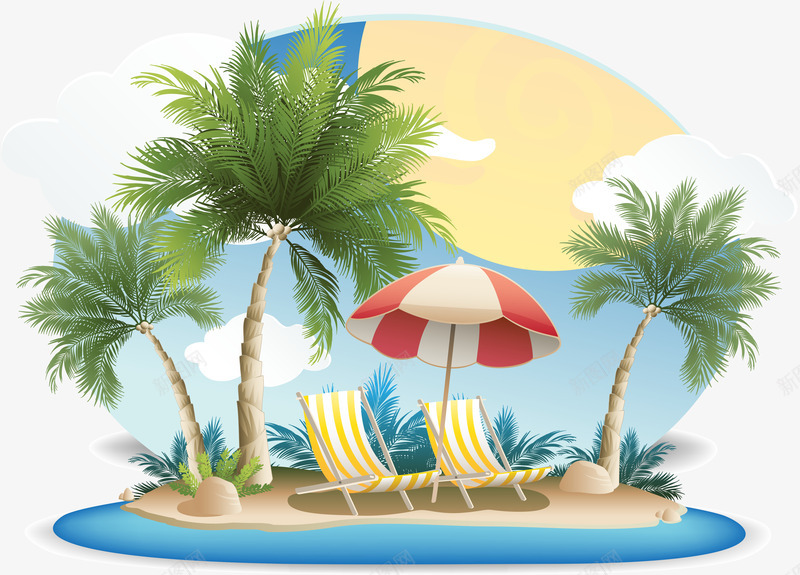 夏天png免抠素材_新图网 https://ixintu.com 椰树 热带岛屿 躺椅 遮阳伞