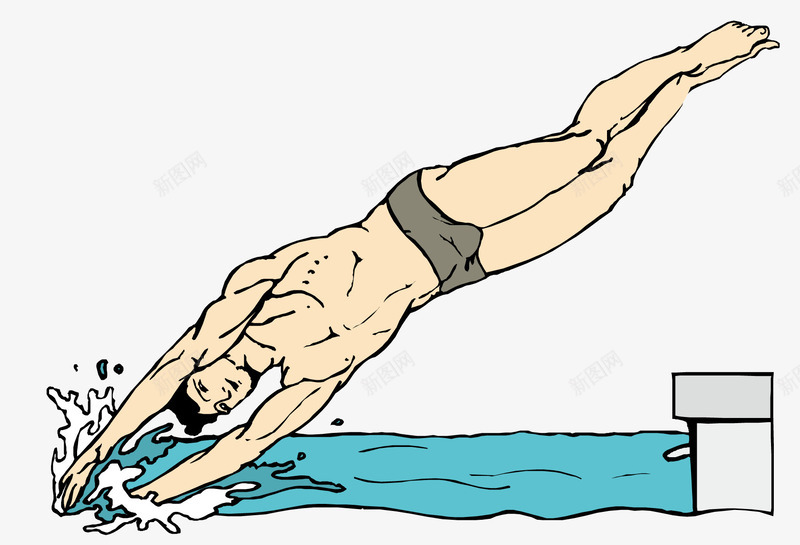 跳水的人png免抠素材_新图网 https://ixintu.com 夏天 夏天游玩 棕色的短裤 游泳裤 蓝色的水 黄色的皮肤