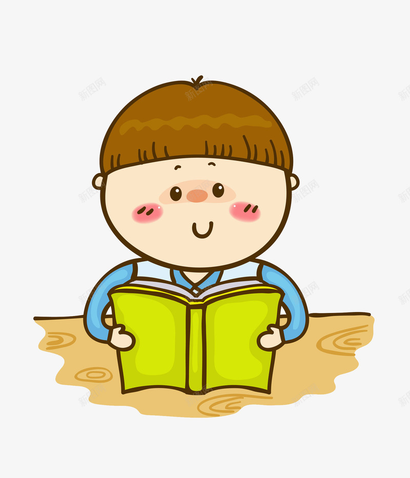 读书男孩png免抠素材_新图网 https://ixintu.com 可爱 手绘 木纹 桌子 绿色书本 认真学习 读书男孩 锅盖头