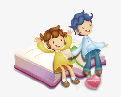 坐在书本上的女孩插画卡通手绘坐在书本上的男孩女孩高清图片