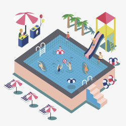 多彩躺椅夏季豪华游泳池乐园高清图片