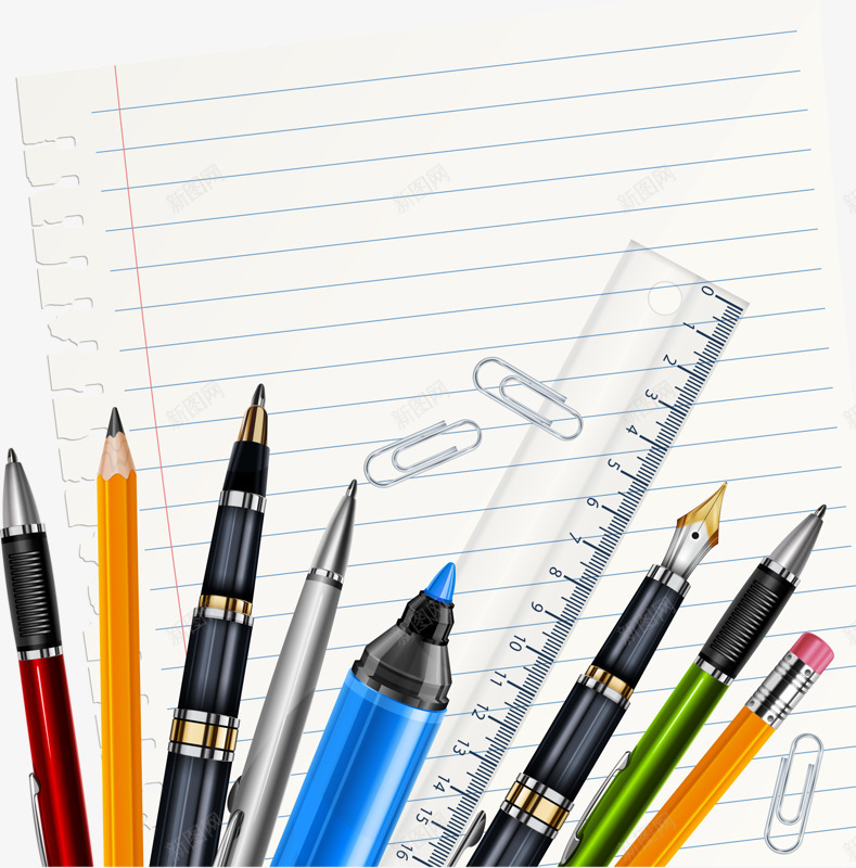 手绘文具png免抠素材_新图网 https://ixintu.com 回形针 学习用品 尺子 桌面 画笔 纸张 铅笔