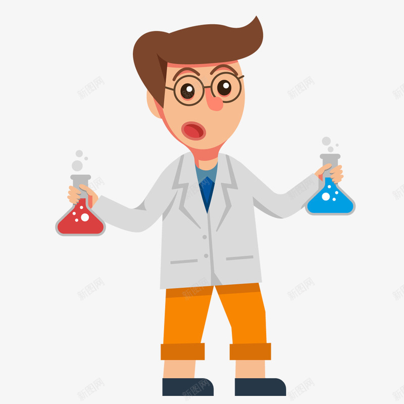 做化学实验的男孩png免抠素材_新图网 https://ixintu.com 化学实验 插图 男孩 红液体 蓝液体 锥形瓶