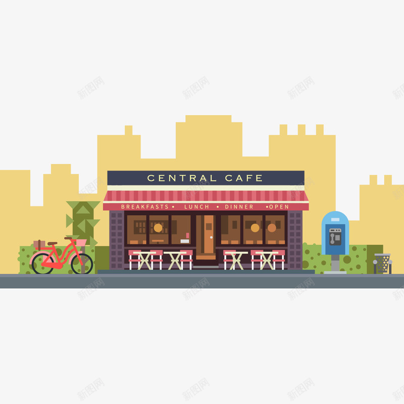 一家小卖部png免抠素材_新图网 https://ixintu.com 卡通 小卖部 楼房 红色 绿色 自行车 街道 黄色