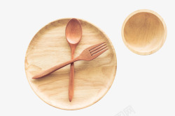 创意木碗棕色木质纹理圆木盘木勺子木叉木高清图片