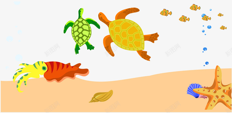 卡通手绘海底生物乌龟png免抠素材_新图网 https://ixintu.com 卡通的乌龟 手绘的乌贼 海底的海星 矢量的海洋生物 鱼群